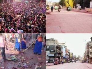 Indore Rangpanchmi Ger 2024 निकलने के थोड़े ही देर बाद स्वच्छतामित्रों ने राजवाड़ा चौक को पहले की तरह कर दिया था।